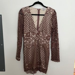 Mauve Lace Long Sleeve Plunge Dress